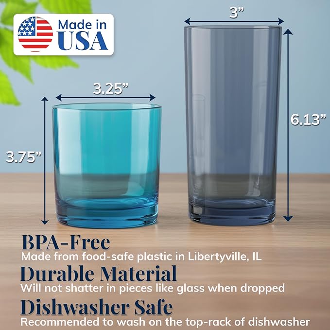 US Acrylic Classic Plastic Reusable Drinking Glasses (Set of 8) 12oz Rocks & 16oz Water Cups in Coastal Colors | BPA-Free Tumblers, Made in USA | Top-Rack Dishwasher Safe - Image 2