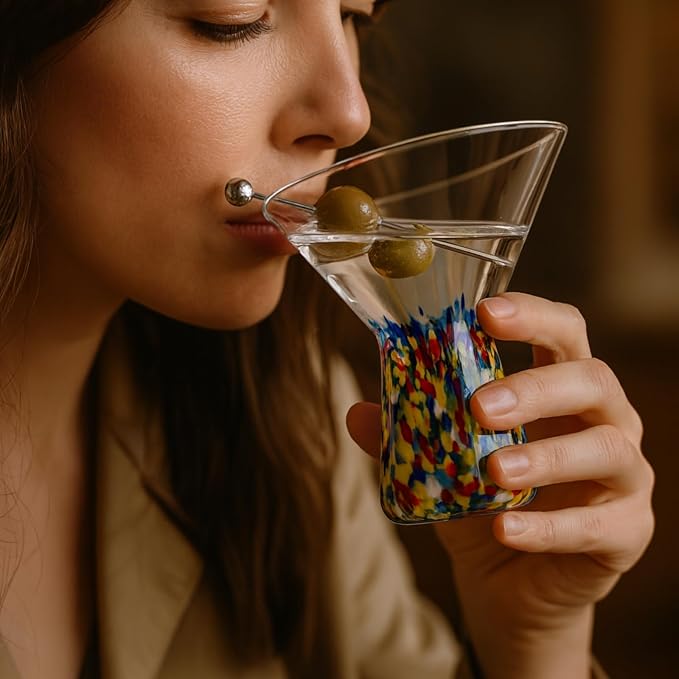 Large Stemless Martini Glasses – Set of 2-8oz Luxury Hand Blown Confetti Margarita, Martinis, Cocktails, Water, Wine, Dessert & Champagne Glasses Cinco de Mayo, Hand Blown - Mexican Confetti Glass - Image 8