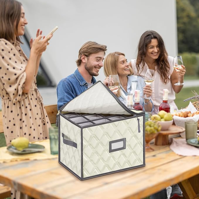 Champagne Flute Storage Box,Quilted Stemware Storage Box Shell, Stackable Champagne Glass Container,Wine Glass, Crystal Glassware, Drinkware Case for Moving Transport - Image 3