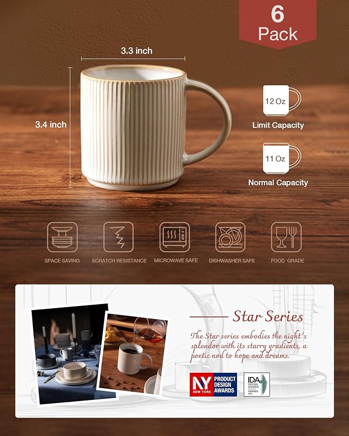 famiware Coffee Mug Set for 6, Star 12 oz Catering Mugs Cup Set with Handle for Coffee, Tea, Cocoa, Milk - Ceramic Stoneware Drinkware Set, Cappuccino White (Pack of 2) - Image 4
