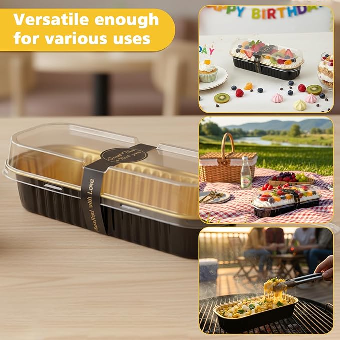 Ruckae 100 Pack Mini Loaf Pan Mini Loaf Baking Pans with Lids and Spoons,Disposable Aluminum Foil Pans, Rectangle Tin Foil Pans with Lids for Home, Pary, Picnics (Black Gold)