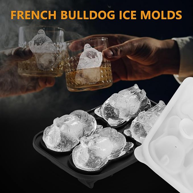 French Bulldog Ice Cube Mold, 4 Hole Fun Shapes Large Frenchie Bull Dog Ice Cube Tray for Whiskey,Cocktail,Bourbon, Cute Novelty French Bulldog Gifts for Decor, BPA Free