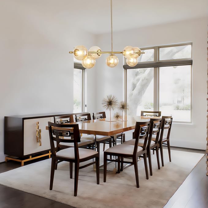 Modern Linear Sputnik Chandelier, Gold Pendant Light Fixture with 7 Amber Glass Globes for Dining Room Light Fixture, Kitchen Island Lighting, Living Room Chandelier, Bedroom, Foyer - Image 6