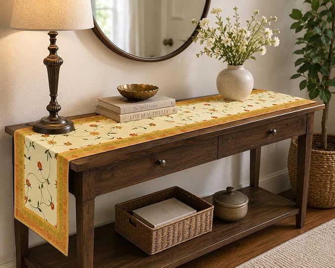 Hand Embroidered Silk Table Runner, Cream Floral Vine Design Decorative Table Linen for Dining Table, Kitchen, Coffee Table, Console, Wedding Reception, Birthday & Home Décor, 60 x 16 Inches - Image 2