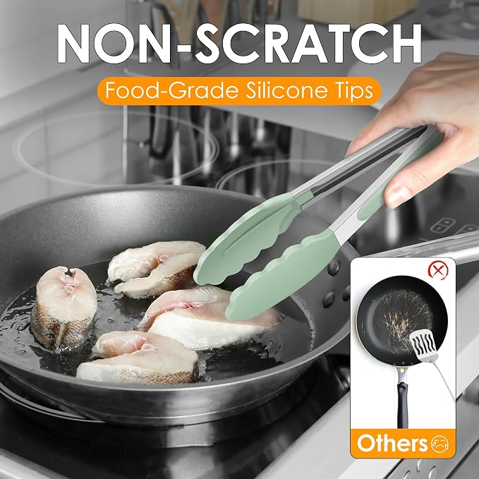 HOTEC Premium Stainless Steel Locking Kitchen Tongs with Silicon Tips, Set of 3-7", 9" and 12" (Light Green) - Image 6