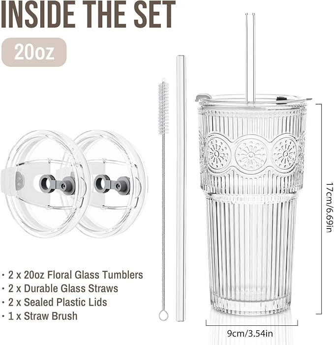 SoulTimes 20oz Ribbed & Floral Glass Tumbler with Lid and Straw – Iced Coffee Glasses Cups for Smoothie, Matcha, Juice, Water etc. Leakproof and Reusable Glassware Drinking for Travel To Go [2Pcs] - Image 3