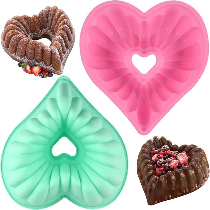 HUAKENER 2 Pack Heart Fluted Cake Pan, 9 Inch Heart Cake Molds | Nonstick Silicone Cake Molds, Food Grade Silicone Material, Heart Molds for Making Cake for Birthday,wedding,Valentine's Day by HUAKENER