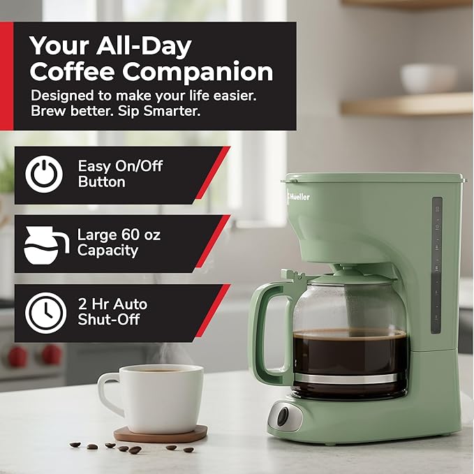 MUELLER HOME 12-Cup Drip Coffee Maker, Green, Borosilicate Carafe | Auto-Off, Reusable Filter, Anti-Drip, Keep-Warm Function, Clear Water Level Window - Image 2