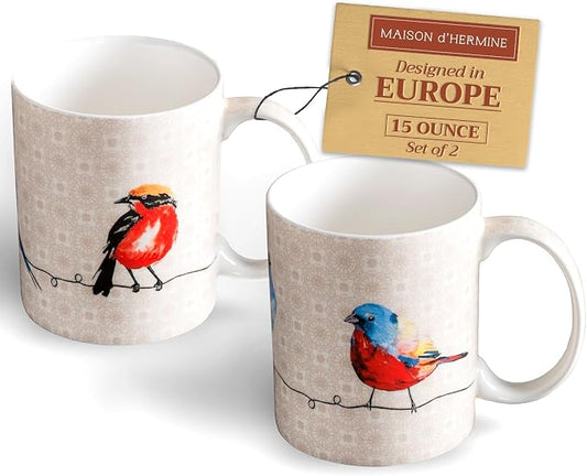 Maison d' Hermine Coffee Mug with Handles Tea Cups (15 Ounce, Pack of 2) | Fine Bone China Coffee Mugs for Hot Beverages Cappuccino Latte Home Restaurant Hotel Spring Summer -Birdies on Wire by MaisondHermine