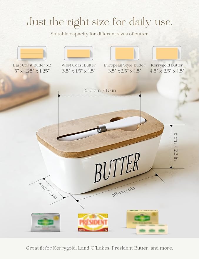Ceramic Butter Dish with Lid and Knife & Silicone Seal for Countertop White | Suitable Capacity, Great Sealing, Home Decor Kitchen Gift Housewarming Gift - Image 2