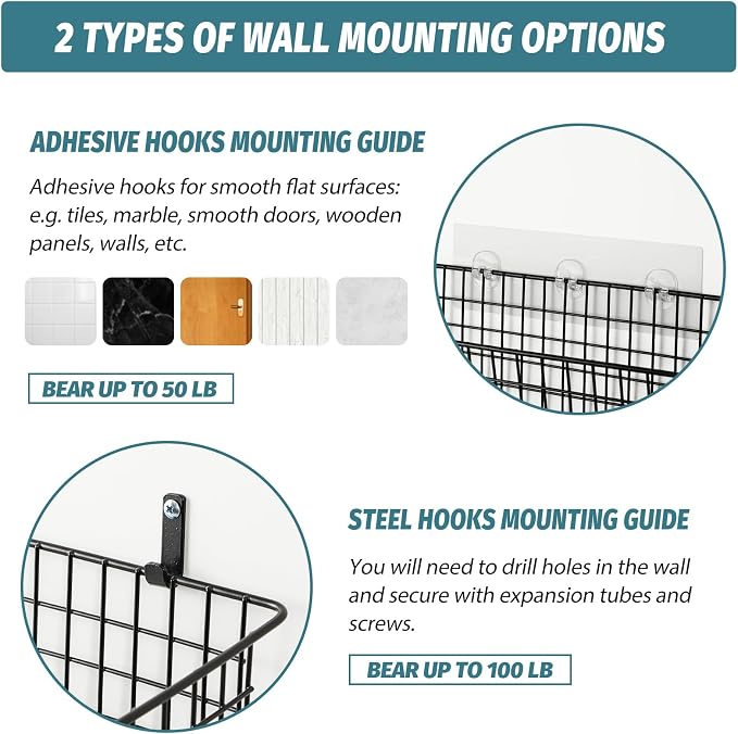 4 Set [EXTRA LARGE] Hanging Wall Mount Storage Baskets with Adhesive Hooks & Steel Hooks, Multiuse Sturdy Wire Metal Organizing Baskets for Home Kitchen Bathroom Pantry Utility Organizer, Black - Image 2