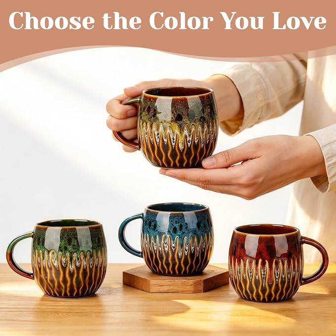 20oz Large Ceramic Coffee Mugs Unique Big Pottery Coffee Mug Microwave Safe Cool Stoneware Cup for Tea Latte Oversized Mug With Handle for Home Yellow Wide Clay Mugs for Men Fancy Handmade Ceramic Cup - Image 3