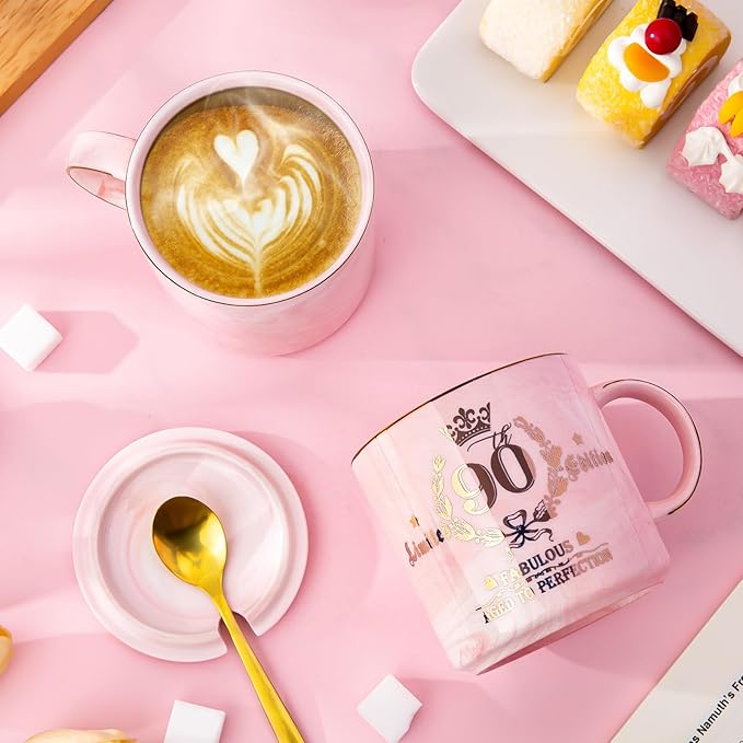 Biching 90th Birthday Gifts for Women - Aged to Perfection Coffee Mug | Unique 1936 Birthday Present for Grandma Mom Wife Friend Sister, 14oz Ceramic Coffee Mug Printed Gold with Lid Spoon Card Box - Image 7