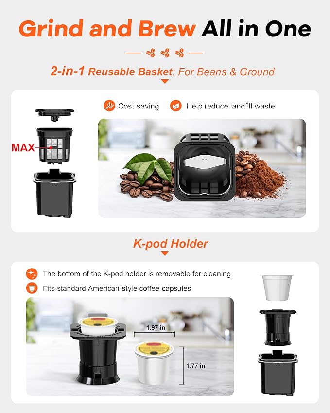 Horavie Single Serve Coffee Maker with Built-in Grinder, Fast Brew 6-16oz Single Cup for Whole Beans, Grounds, K Pod, Grind and Brew Coffee Maker with 47oz Water Tank, Descaling Alert, Black - Image 2