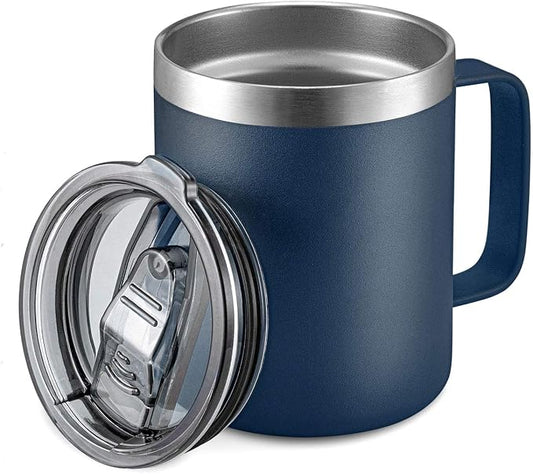 12 oz Insulated Travel Coffee Mug with Handle, Navy | Stainless Steel Coffee Tumbler with Lid, Double Wall Vacuum Thermal Cup for camping by ALOUFEA