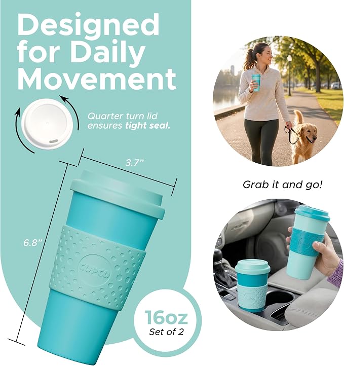 Copco Acadia Travel Mug with Lid, 16 Oz - Aqua & Mint, Set of 2 | Double Wall Insulated Tumblers with Spill Resistant Lids, Non Slip Grip, Slim Design Fits Car Cup Holders, Dishwasher Safe - Image 2