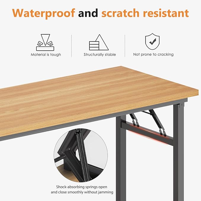 DlandHome 62 Inch Large Folding Computer Desk, Fully Assembled, Teak Black | Foldable Writing Table for Bedroom Dorm, Conference Table for Home Office, Wood Top Metal Frame, Collapsible Easy Storage - Image 6