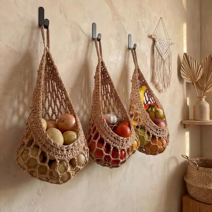 Honeydak Boho Decor Hanging Wall Baskets for Kitchen 3 Pack Teardrop Baskets with Hooks Storage Fruit Onion Vegetable Potato for Home 3 Sizes(Light Linen,Crochet,Cotton Rope) - Image 6