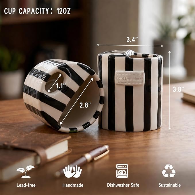 Ceramic Coffee Mug with Half Lid, 12oz To Go Coffee Mug, Handcrafted Striped Glazed Ceramic Coffee Mug with Dual Sip Lid for Hot and Cold Drinks, Black - Image 6