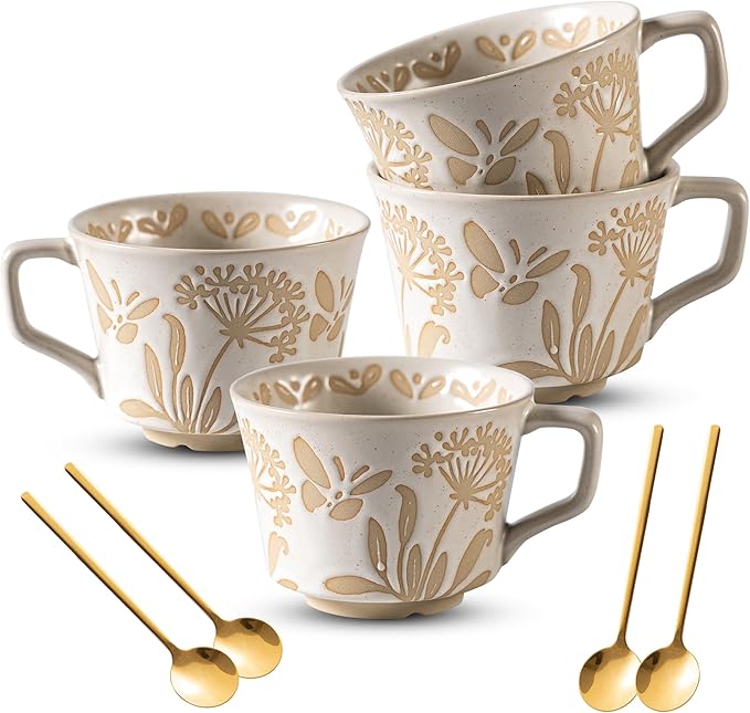 Coffee Mugs Set of 4 with Gold Spoon, 11 oz Porcelain Mug, Ceramic Tea Cups with Handle for Men Women, Hand-painted Mug, Birthday Housewarming Wedding Gift, Dishwasher Microwave Safe by Noevany