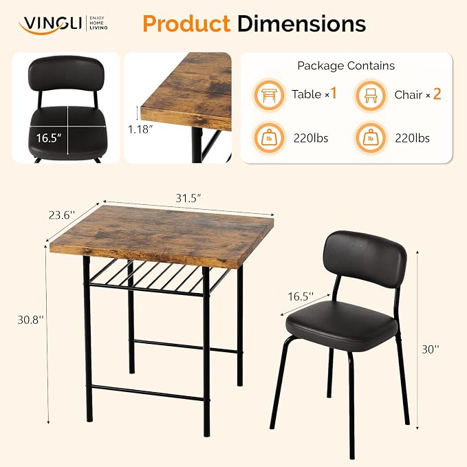 VINGLI Dining Table Set for 2, Small Kitchen Table Set with Upholstered Chairs, 3-Piece Dining Set with Storage Rack, Wood Dining Room Set with Metal Legs for Small Spaces, Living Room, Rustic Brown - Image 2