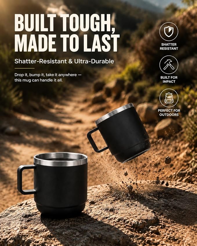 6 oz Stackable Mug, Stainless Steel cup with handle, Vacuum Insulated Espresso/Coffee Mug, shot Glass Set for 2-Piece Set for Coffee, Spirits, Wine, Tea- black - Image 5