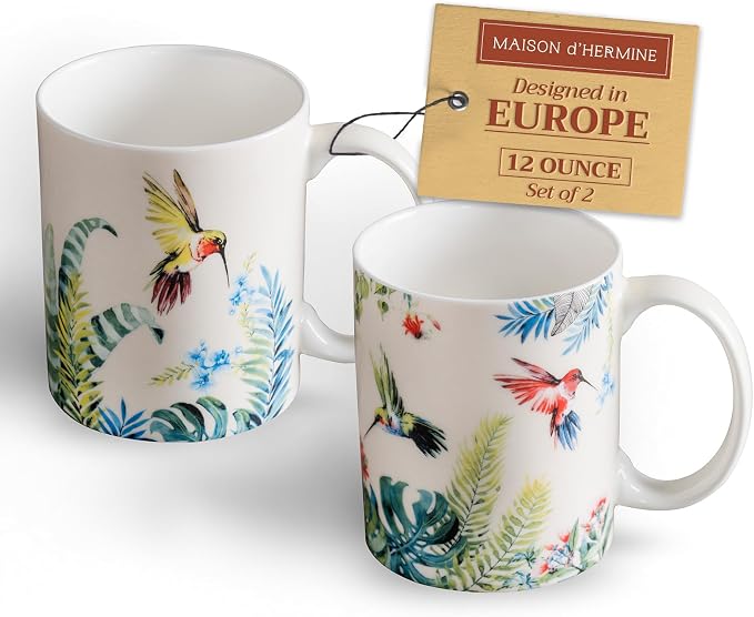 Maison d' Hermine Coffee Mug with Handles Tea Cups (12 Ounce, Pack of 2) | Fine Bone China Coffee Mugs for Hot Beverages Cappuccino Latte Home Restaurant Hotel Spring Summer -Tropiques by MaisondHermine