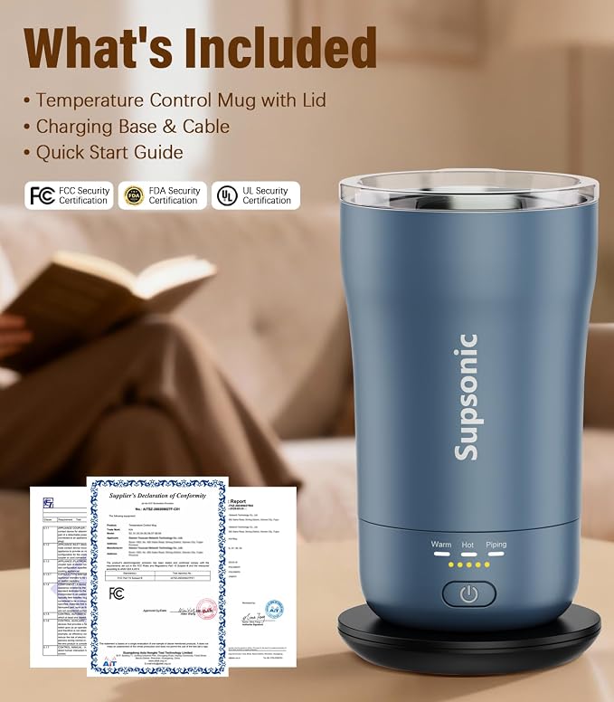 Supsonic - 14oz Heated Coffee Mug, Self-Heating Travel Mug with 3-Temp Settings, Insulated Stainless Steel Constant Temperature Heating Mug for Beverage, Smart Heating Portable Coffee Mug | S1 - Image 8