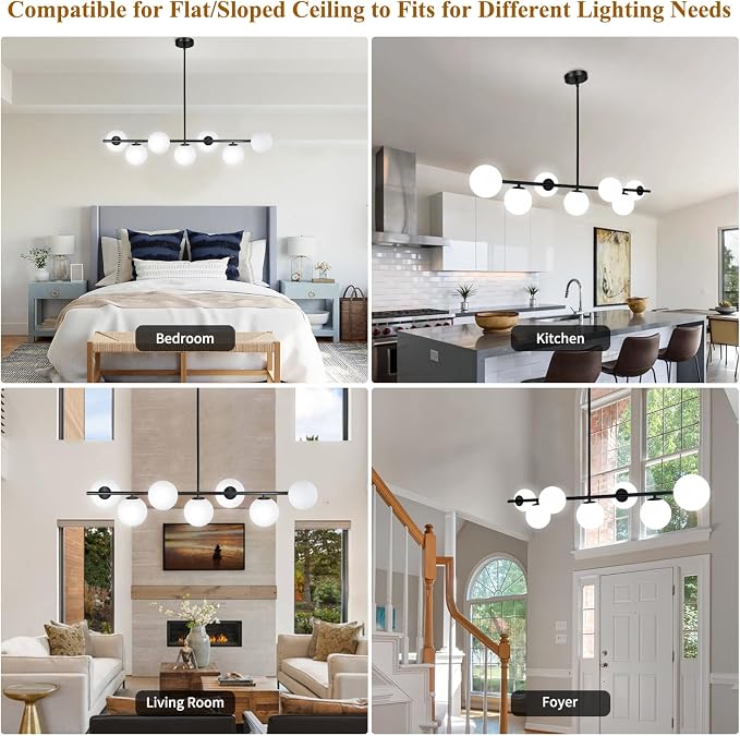 Modern Linear Chandelier 7-Light, Mid Century Black Globe Pendant Light for Dining Room, Kitchen Island Lighting Fixtures Ceiling, Bubble Glass Chandelier over Table for Living Room, Foyer, Bedroom - Image 2