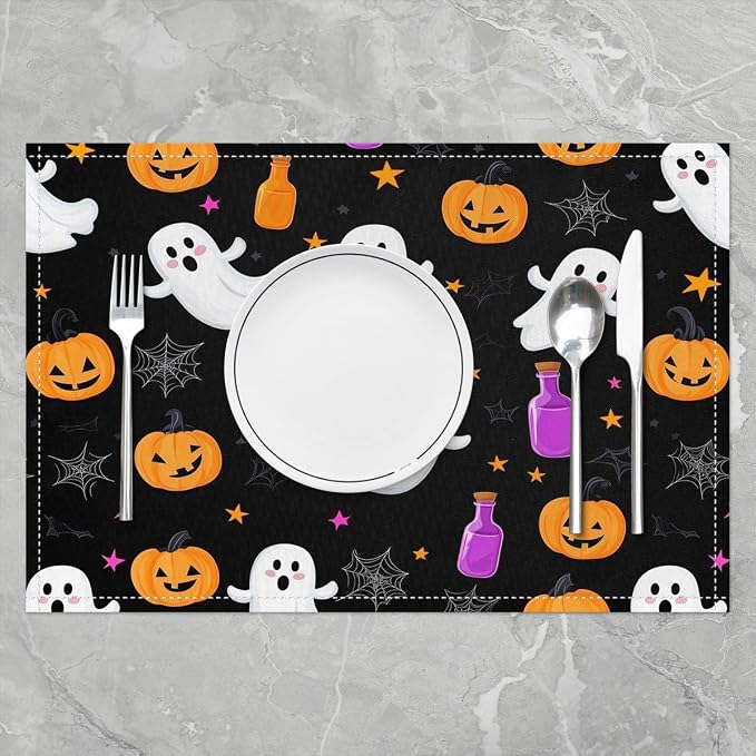 Feelyou Happy Halloween Placemats Set of 4 Cute Ghost Pumpkin Table Mats Orange Black White Place Mat for Kitchen Dining Table Party Decor Indoor Outdoor 18"x12" Non-Slip Easy to Clean Cobweb - Image 2