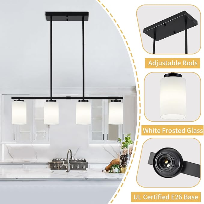 4-Light Kitchen Island Lighting Linear Chandelier Dining Room Light Fixture | 30'' Modern Island Lights for Kitchen, Farmhouse Black Chandeliers Over Table White Frosted Glass Shade, Adjustable Height - Image 4