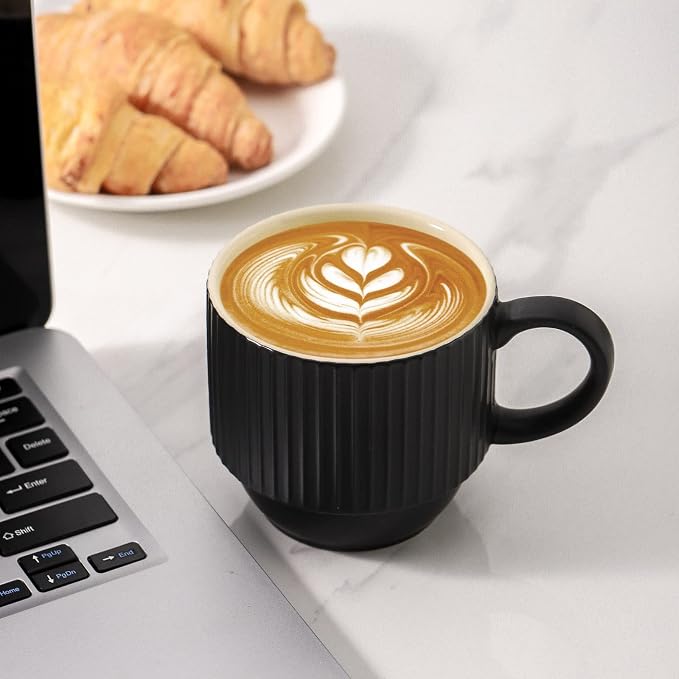 Hasense Black Coffee Mug Porcelain Set of 4 with Rack - 12 oz Stackable Coffee Cups Ceramic, Modern Ribbed Latte Cup Sets for Cappuccino, Tea, Espresso, Hot Cocoa, Drinks - Dishwasher & Microwave Safe - Image 7