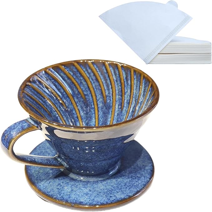 Ceramic Coffee Dripper includes 50 Filters 01 Pour Over Coffee Maker Porcelain V Hand Brewed Set Pottery Artisanal Drip Brew Barista Gift for 1-2 People Travel Camping Office Home