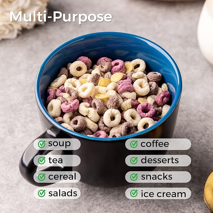 GBhome Jumbo Soup Mugs with Handles, 24 Oz Large Coffee Mugs Set of 4 | Ceramic Soup bowls for Soup Cereal Snacks Salad Noodles Cups, Microwave safe - Matte Black, Blue Inside - Image 3