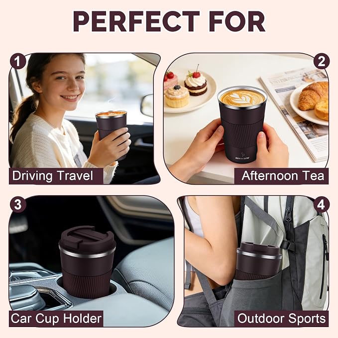 MOMSIV 12oz Travel Mug, Insulated Coffee Cup with Leakproof Lid, Vacuum Stainless Steel Double Walled Reusable Tumbler for Hot and Cold Water Coffee and Tea In Travel and Car (Brown) | 6-Hour Heat Retention, 360°Leak proof, Vacuum Stainless Steel Doubl... - Image 7