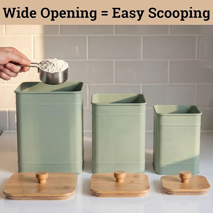 Kitchen Canisters for Countertop Set of 3 w/ Chalkboard Labels & Marker Pen | Airtight Easy Open Bamboo Lids, Dent-Resistant Thick Metal, Customizable Chalkboard Labels, Marker Pen Included, Set of 3 - Image 8