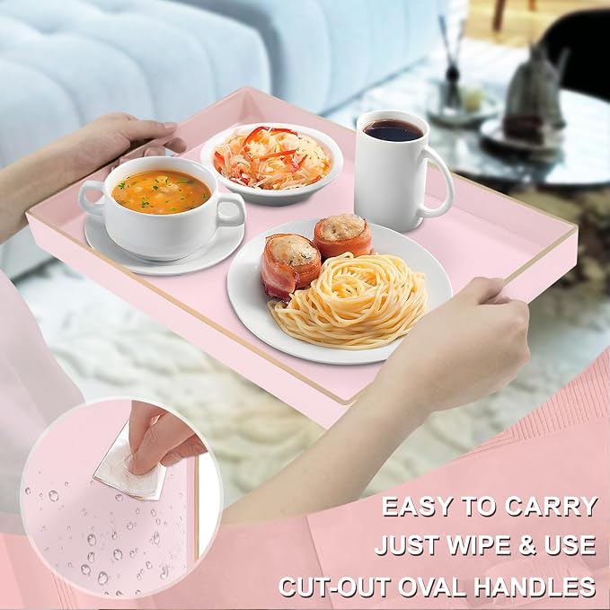MAONAME Pink Decorative Tray for Coffee Table, Serving Tray with Handles | Plastic Melamine Tray, Modern Ottoman Tray, Rectangular Countertop Organizer Tray for Living Room, 15.8"L x 10.2"W x 1.4"H - Image 3