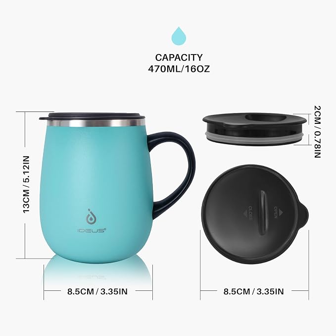 Ideus 16 oz (470 ml) Insulated Coffee Mug with Handle and Lid, Double Wall Stainless Steel Vacuum Thermal Coffee Mug, Travel Coffee Cup Thermal Cup for Home and Office (Sky Blue) - Image 5