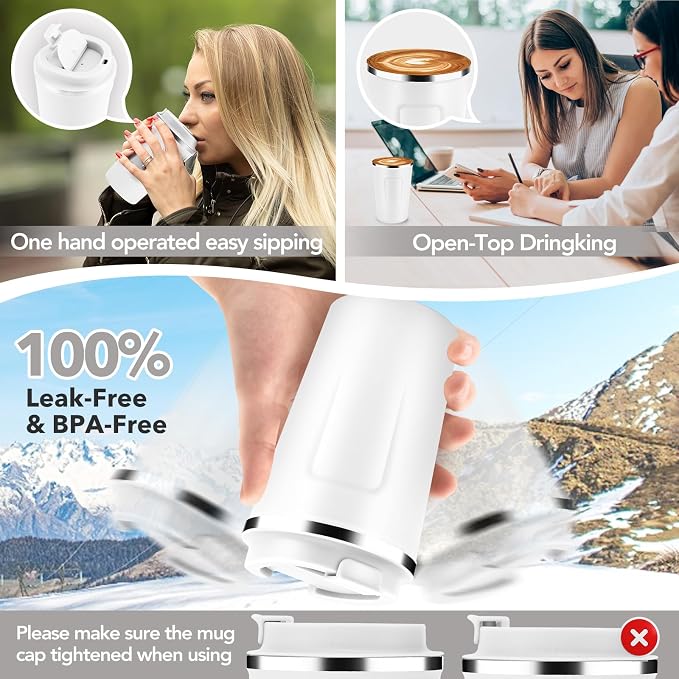 Volhoply 12 oz Double Wall Insulated Vacuum Travel Coffee Mug with Flip Lid Bulk 8 Pack,Reusable Stainless Steel Leak Proof Coffee Cup,Portable Cafe Thermal Tumblers for Hot & Cold Drinks(White,8 Set) - Image 6