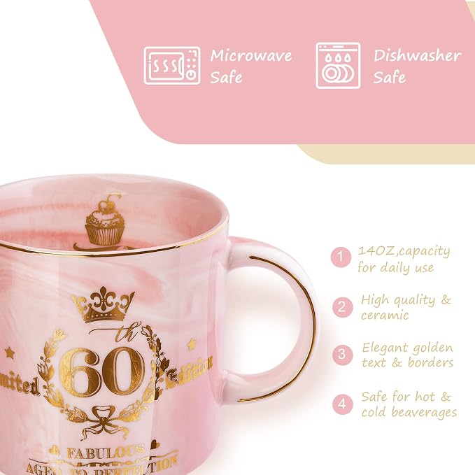 60th Birthday Gifts for Women - Fabulous 1966 Aged to Perfection Happy Birthday Mug - Limited Edition 60th Pink Coffee Mug Printed with Gold, Gift Idea for Turning 60 Years Old Women, Gift Boxed | Limited Edition 60th Pink Happy Birthday Mug Printed wi... - Image 3