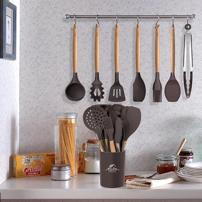 MIBOTE Silicone Cooking Kitchen Utensils Set, Wooden Handle, Coffee | BPA-Free, Non-Toxic Silicone Turner, Tongs, Spatula, Spoon Set – Great for Nonstick Cookware, Heat-Resistant, Easy Clean - Image 7