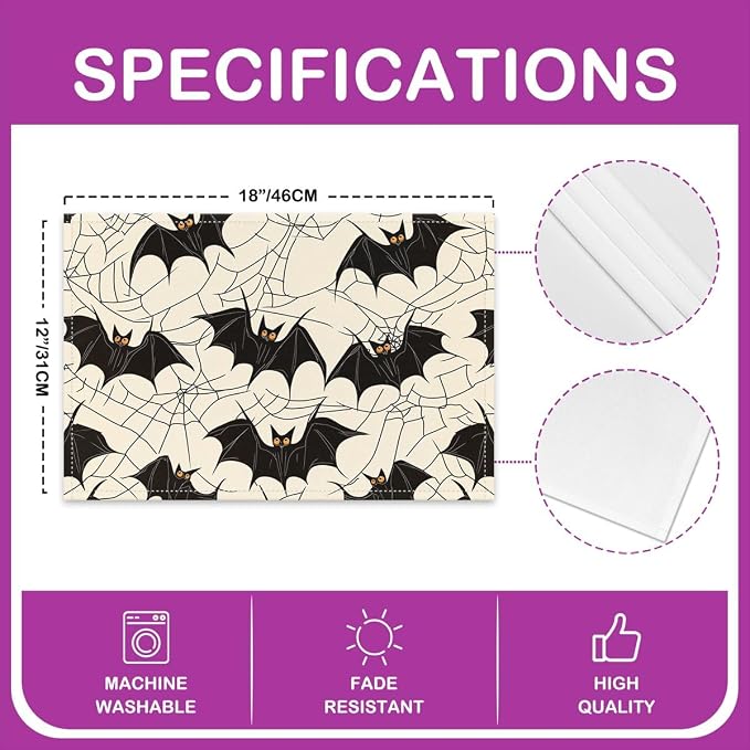 Feelyou Happy Halloween Placemats Set of 4 Bats Pattern Table Mats for Party Kitchen Dining Decoration Holiday Seasonal Beige Black Place Mat for Dinner Table Indoor Outdoor 18"x12" Spider Web Decor - Image 4