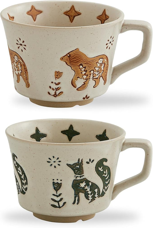 12oz Vintage Ceramic Coffee Mug Set of 4 - Handmade Stoneware Pottery Countryside Farmhouse Fall Autumn Tea Mugs with Big Handle for Latte,Cocoa,Dishwasher & Microwave Safe Cups (Animals) by SwuutKitchen