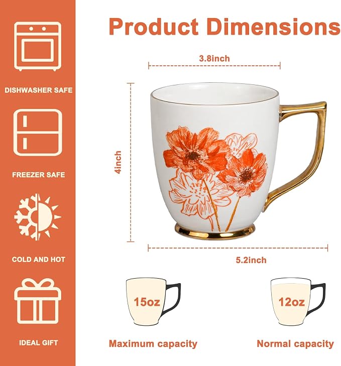 Ceramic Daisy Cup - 15 oz Coffee Mug for Tea Mocha Latte, Porcelain Flower Cup for Home and Office, Thanksgiving Christmas Gifts - Image 2