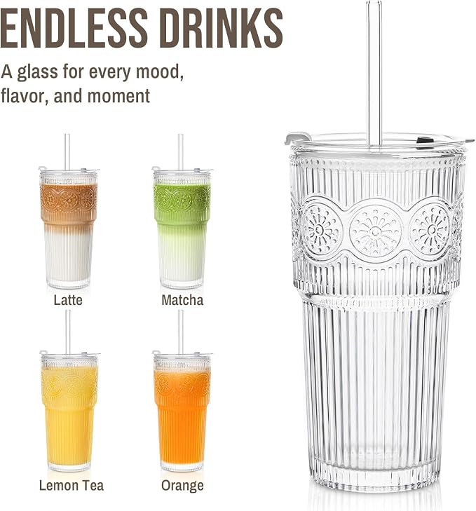 SoulTimes 20oz Ribbed & Floral Glass Tumbler with Lid and Straw – Iced Coffee Glasses Cups for Smoothie, Matcha, Juice, Water etc. Leakproof and Reusable Glassware Drinking for Travel To Go [4 Pcs] - Image 5