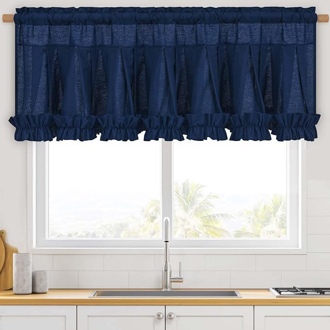 Likiyol Linen Valances for Windows Farmhouse Window Valances with Ruffle Rustic Country Light Filtering Kitchen Valance Curtains Rod Pocket Valance for Bathroom Cafe, Navy Blue, 52" W X 18" L - Image 3