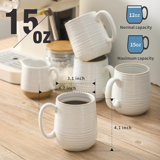HASENSE Coffee Mugs, 15oz Ceramic Coffee Cups Set of 4, Clay-Infused White | Large Tea Cup with Comfortable Handle for Milk Cocoa Cappuccino, Prefect for Women Men Gift Dishwasher Microwave Safe - Image 2