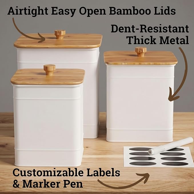 Kitchen Canisters for Countertop Set of 3 w/ Chalkboard Labels & Marker Pen | Airtight Easy Open Bamboo Lids, Dent-Resistant Thick Metal, Customizable Chalkboard Labels, Marker Pen Included, Set of 3 - Image 2