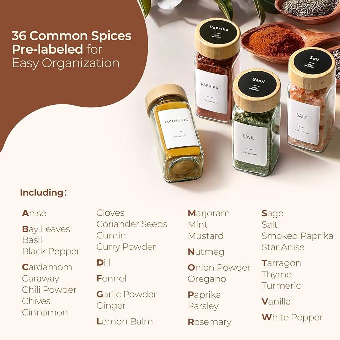 ComSaf Glass Spice Jars with with Labels 4 oz 24 Pack Bamboo Lids Bulk Set | Empty Containers, Seasoning Herb Powder, Salt Pepper Chili, Spice Rack Organization, Kitchen Cabinet Storage, Funnel Included - Image 2