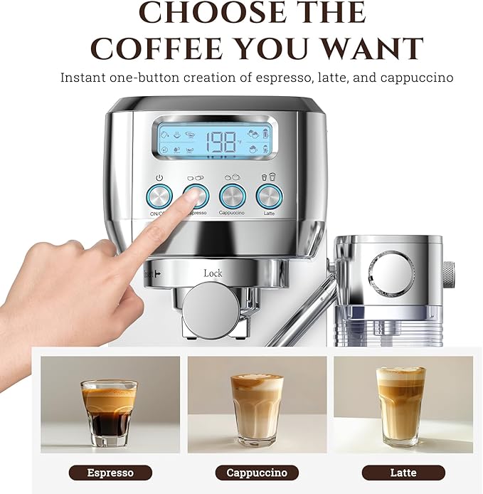AMZCHEF Espresso Machine with LCD Display, 20 Bar Cappuccino Machines with Upgraded Automatic Milk Frother for Home Gifts, Latte Coffee Maker with Dual Wall & Filters, Sliver